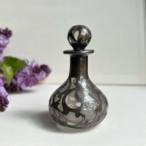 Sterling Silver Fragrance Bottle, Glass with Silver Overlay, Antique Vanity
